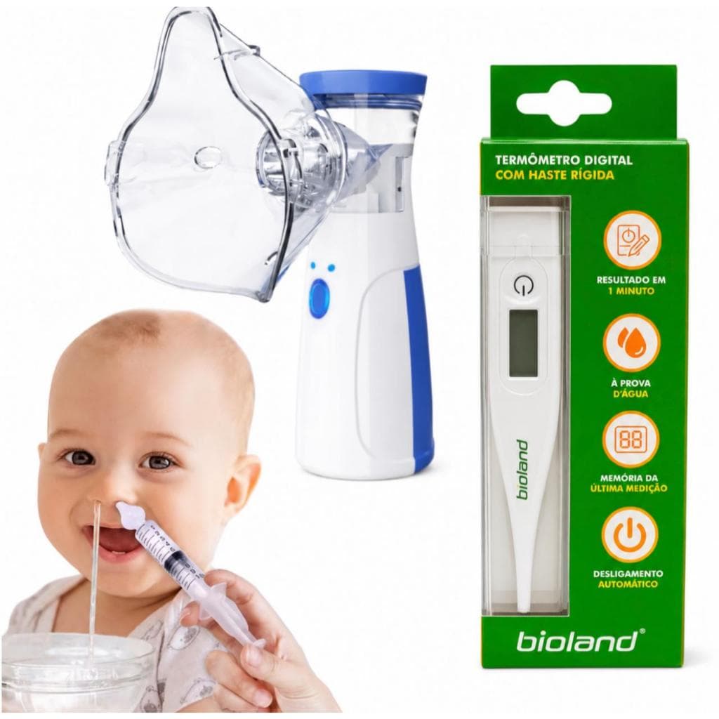 Kit Nebulizador inalador mesh + Termômetro bioland + 2 Seringas Lavagem Nasal