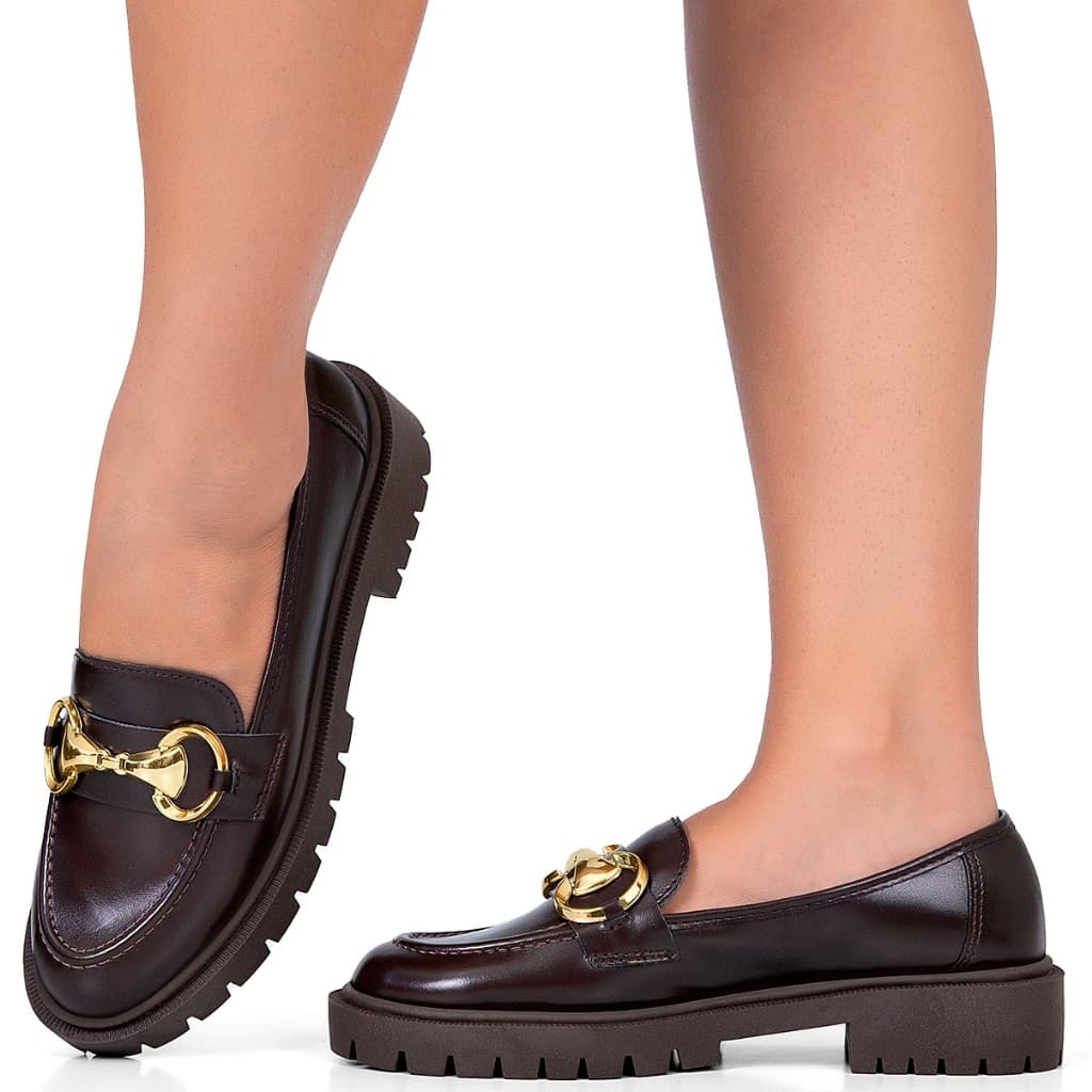 Mocassim Feminino Lumiss Tratorado Confortável Casual Enfeite Metalizado Bico Redondo Marrom