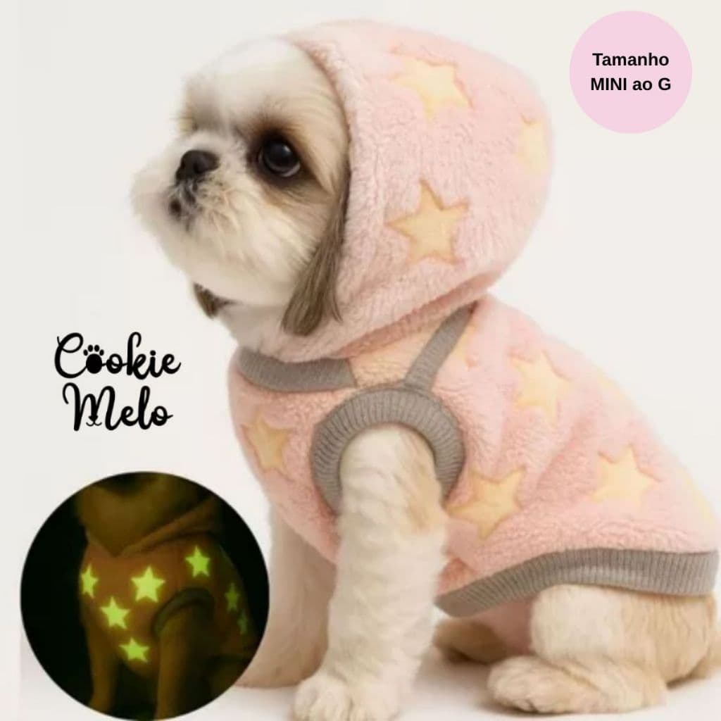 Roupa Pet com Capuz Cachorro Gato Animal de Estimacao Brilha no Escuro Com Touca Soft