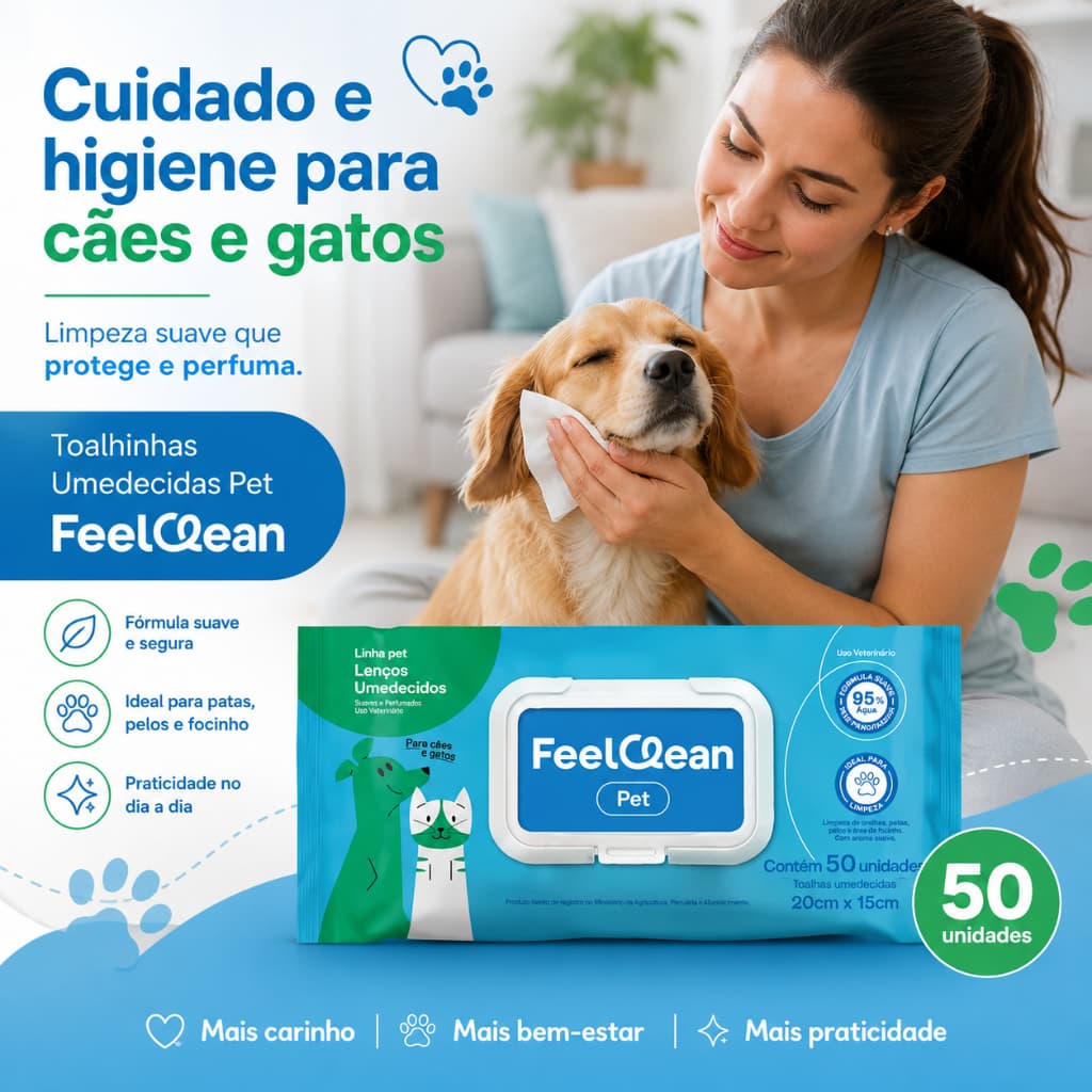 Toalhinhas Umedecidas Pet FeelClean 50 Unidades Para Cães e Gatos Limpeza Patas Focinho e Orelhas Premium