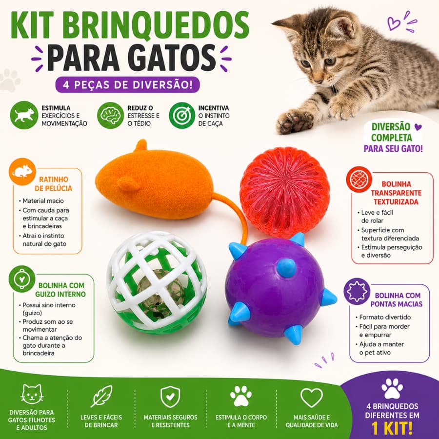 Bolinhas Para Gatos com Ratinho Kit 4 Unidades Brinquedo Pet Colorido Com Guizo Anti Tédio