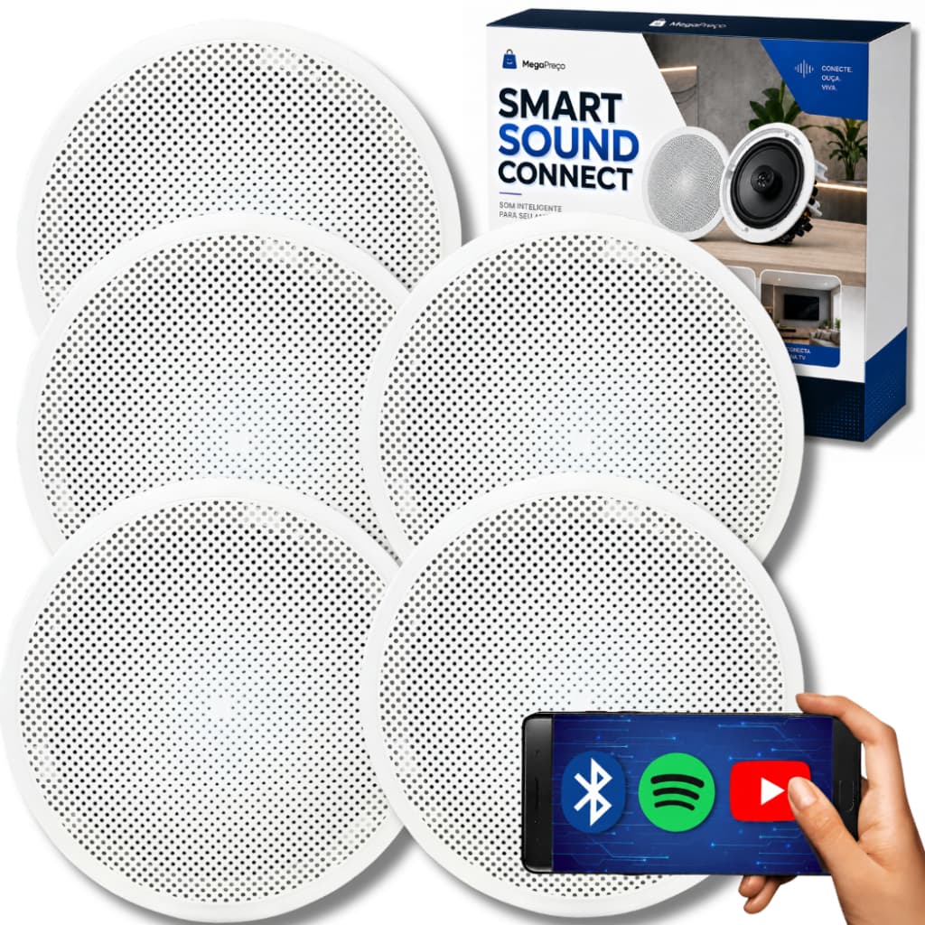 Kit Som Ambiente Arandela Acustica Alto Falante Auto Potente Embutir Teto Gesso Parede Ativa Bluetooth + 4 Passivas