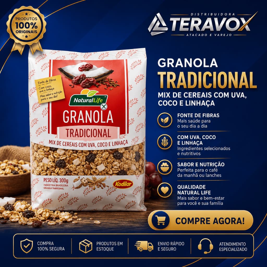 Granola Tradicional Natural Life 300g Mix de Cereais Uva Coco e Linhaça Kodilar