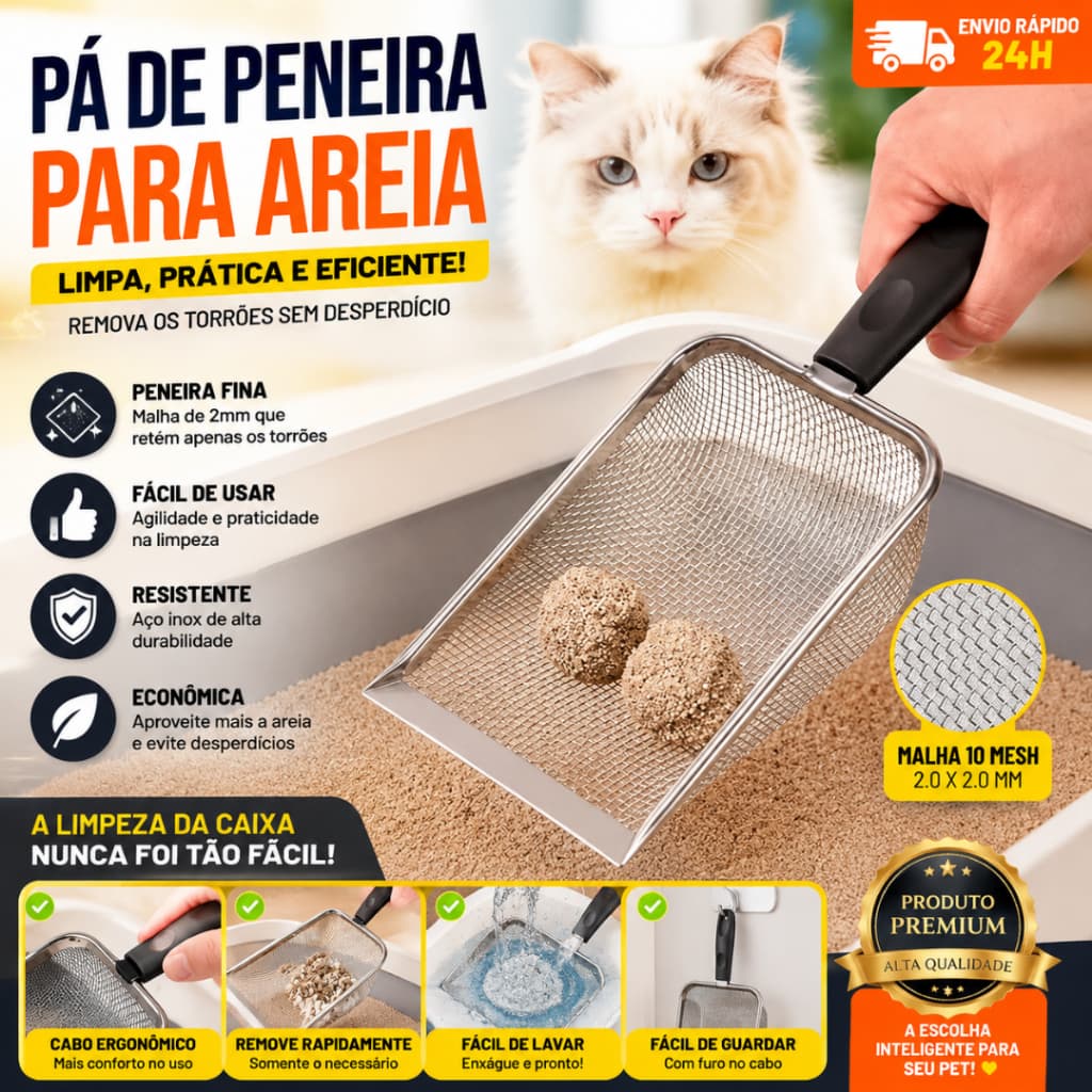 Pá para Areia de Gato em Aço Inox Peneira Higiênica Caixa de Areia Resistente