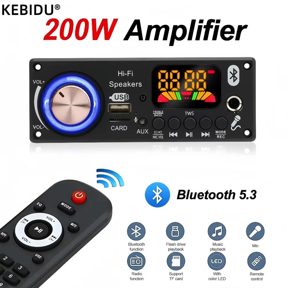 200W Amplificador Bluetooth 5.3 DIY MP3 WAV Placa Decodificadora DC 12V 160W 200 Carro Sem Fio USB MP3 Player TF Slot Pa