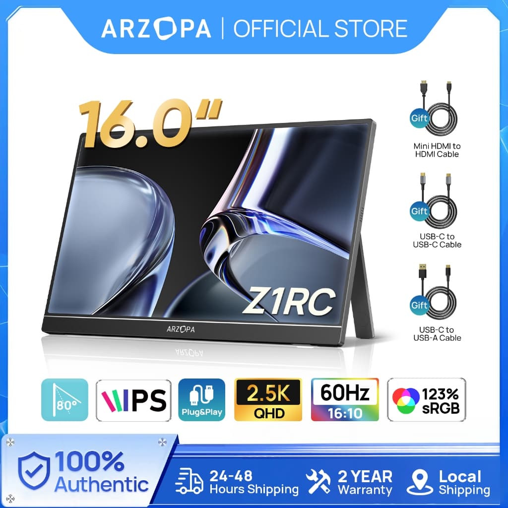 ARZOPA Z1RC , Monitor Portátil 2.5K De 16 " De Suporte 2560x1600 HDR Laptop HDMI QHD USB-C De 500 Litros E 8 Bits , Tela