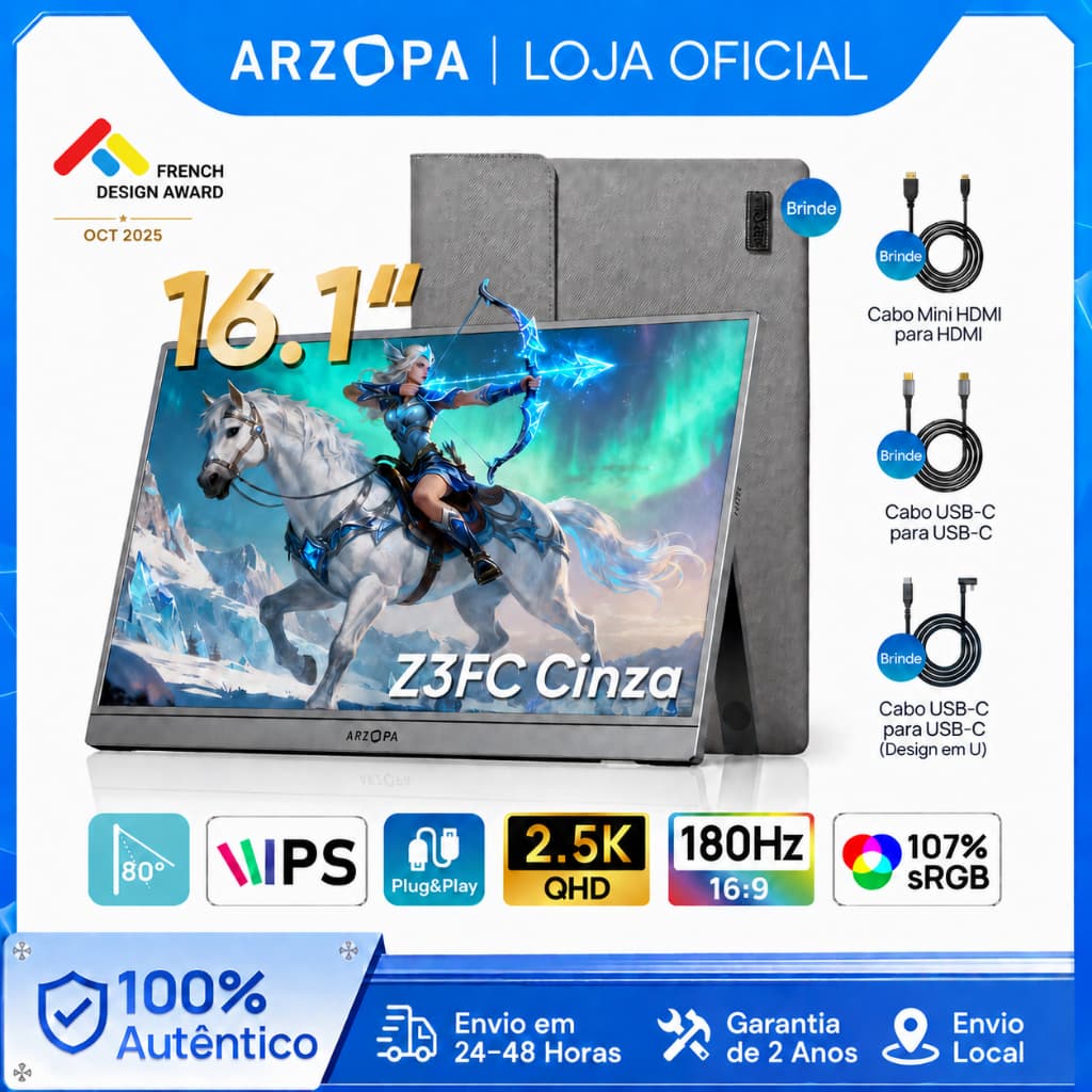 Monitor Portátil ARZOPA 16.1'180 Hz-Cinza Z3FC , Com Suporte 107 % sRGB 2.5K HDR , Ultrafino , Cuidados Os Olhos , Segun