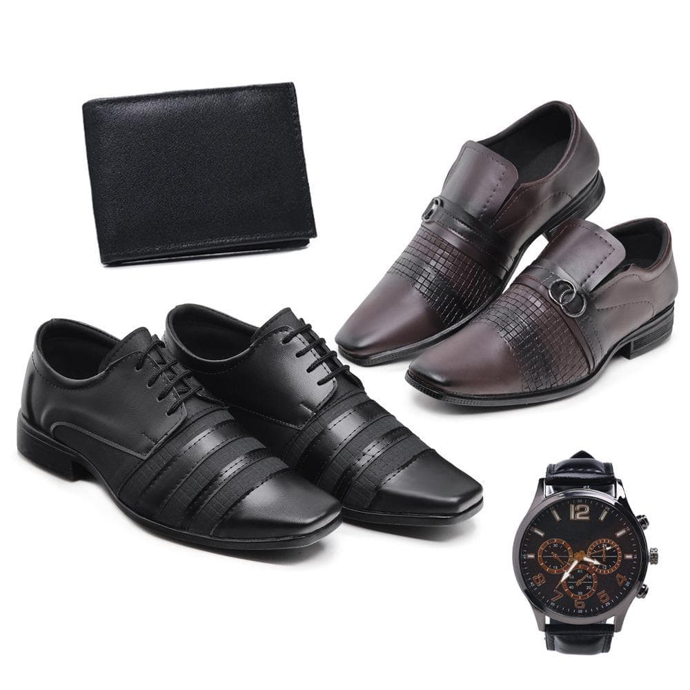 Kit 2 Pares Sapato Social Masculino Fosco + Relógio e Carteira