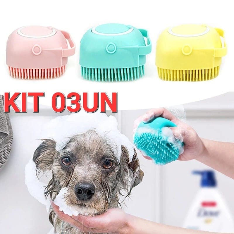 KIT 03UN Esponja De Silicone Para Banho De Pet Com Massageador E Dispenser Shampoo Cachorro Gato