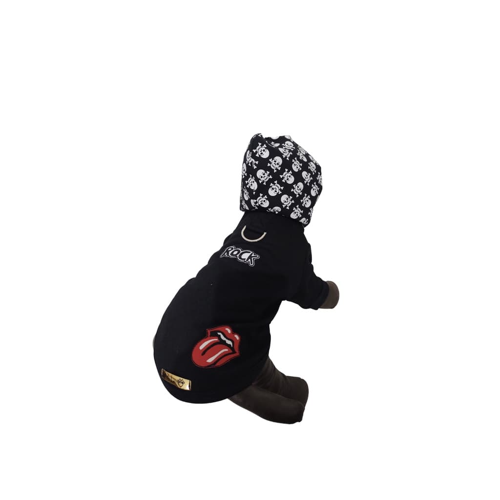 Roupa pet Max Modelo Moletom caveira rock roll preta capuz cão guia coleira
