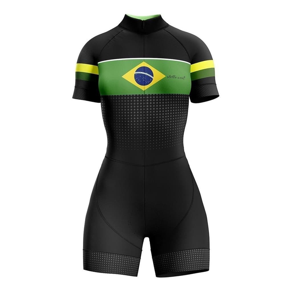 Macaquinho Ciclismo Feminino Stella Wear Brasil Preto Com Bolsos Forro em Gel