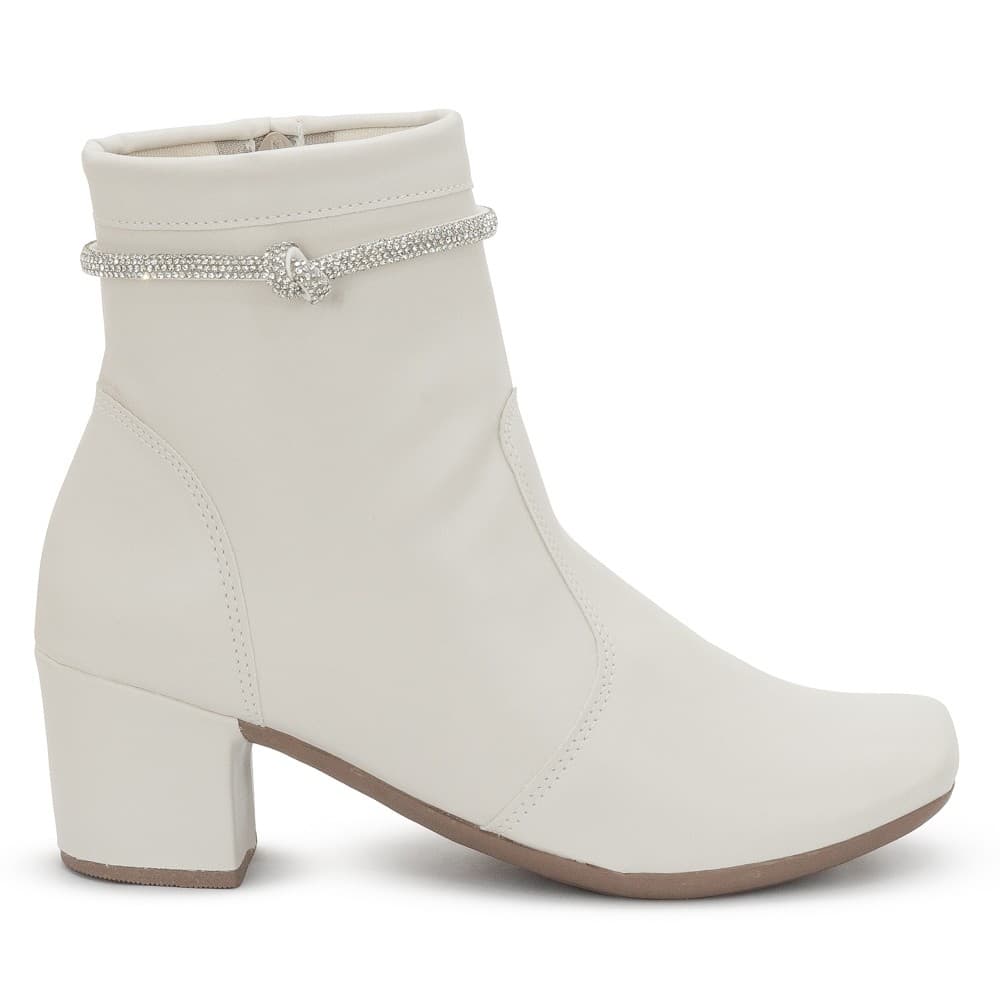 Coturno Feminino Off White Cano Curto Salto Grosso Confortável Fivela Brilhante Elegante Ref: 180
