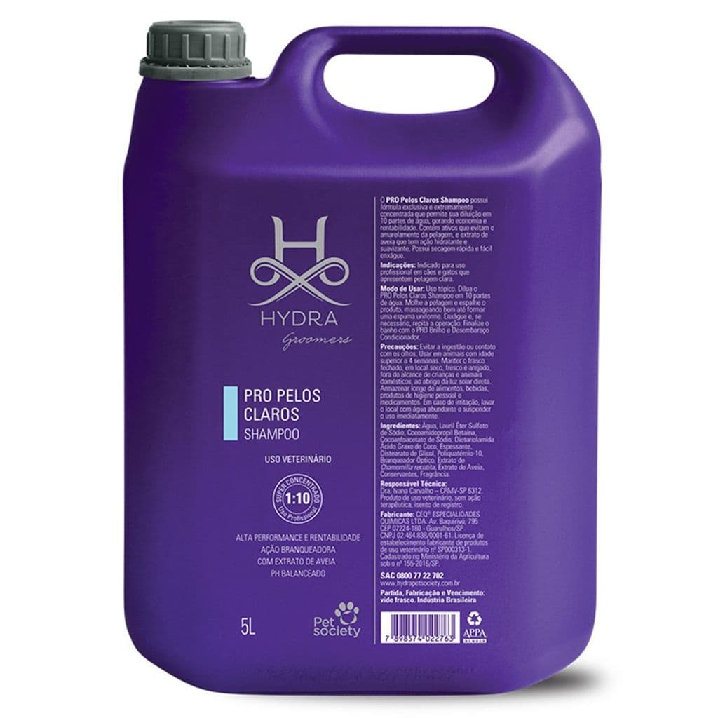 Shampoo Pet Society Hydra Groomers Pelos Claros Cachorro Gato 5L Diluição 1:10