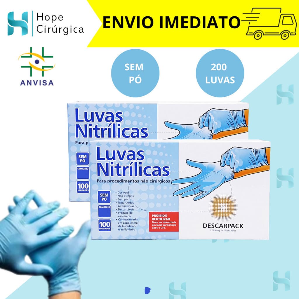 Kit 2 Caixas Luva Nitrílica Azul Descarpack Sem Pó Resistente 200 unidades