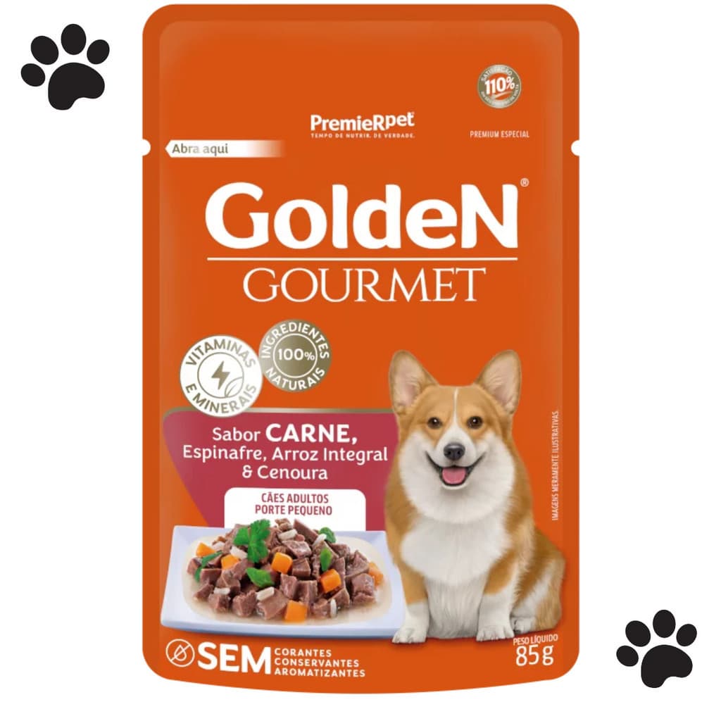 Kit 20 unidades Sachê Golden Gourmet Alimento Cães Adultos Pequeno Porte Sabor Carne Espinafre 85g