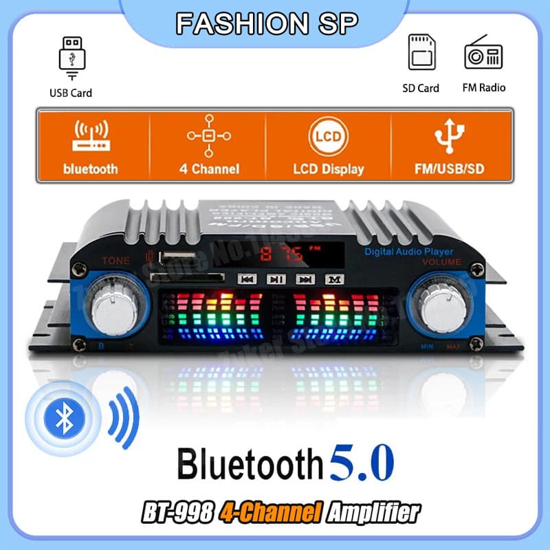 Amplificador De Áudio Digital 4 Canais 1600W Potência  Bluetooth  Rádio FM Controle Remoto 4 Canais