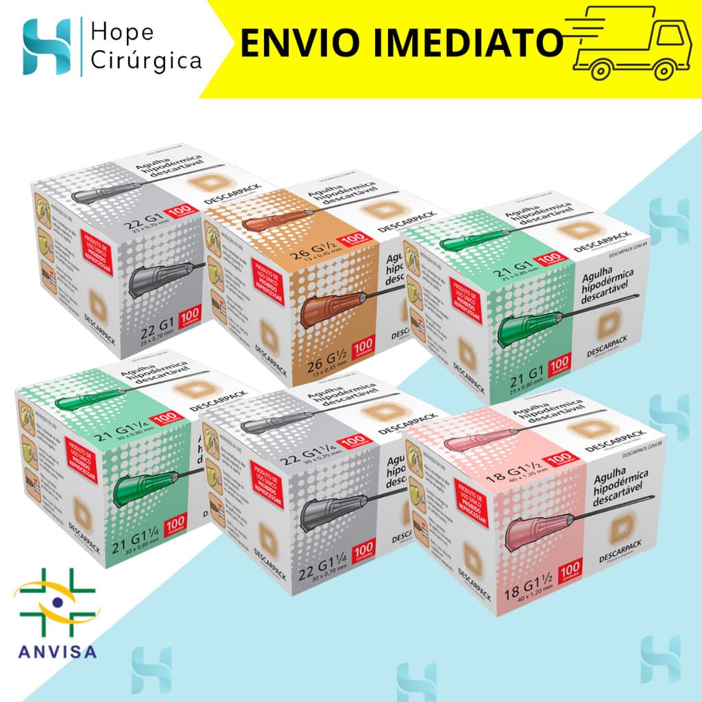 Agulha Hipodérmica 50 ou 100un Descartável DESCARPACK - Diversos Tamanhos