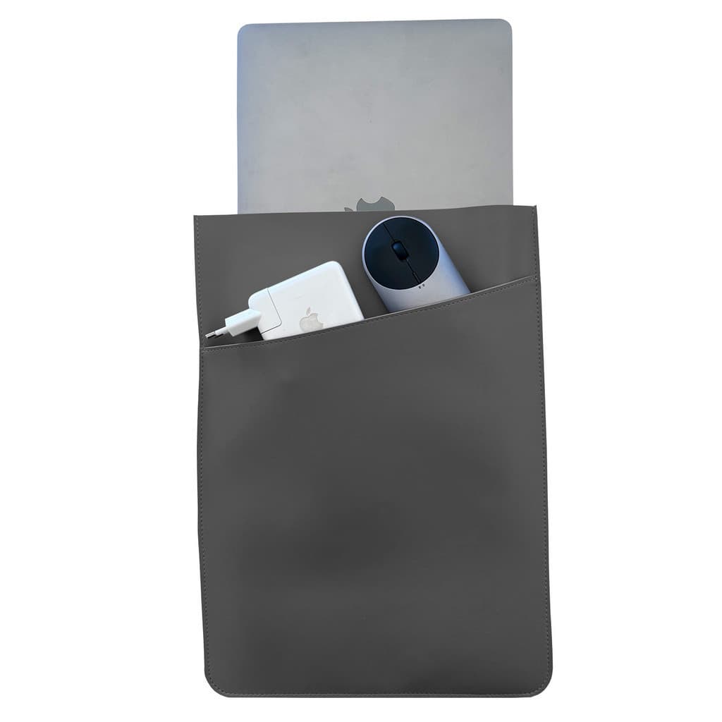 Pasta Case Para Notebook de Couro Cinza Escuro com Bolso