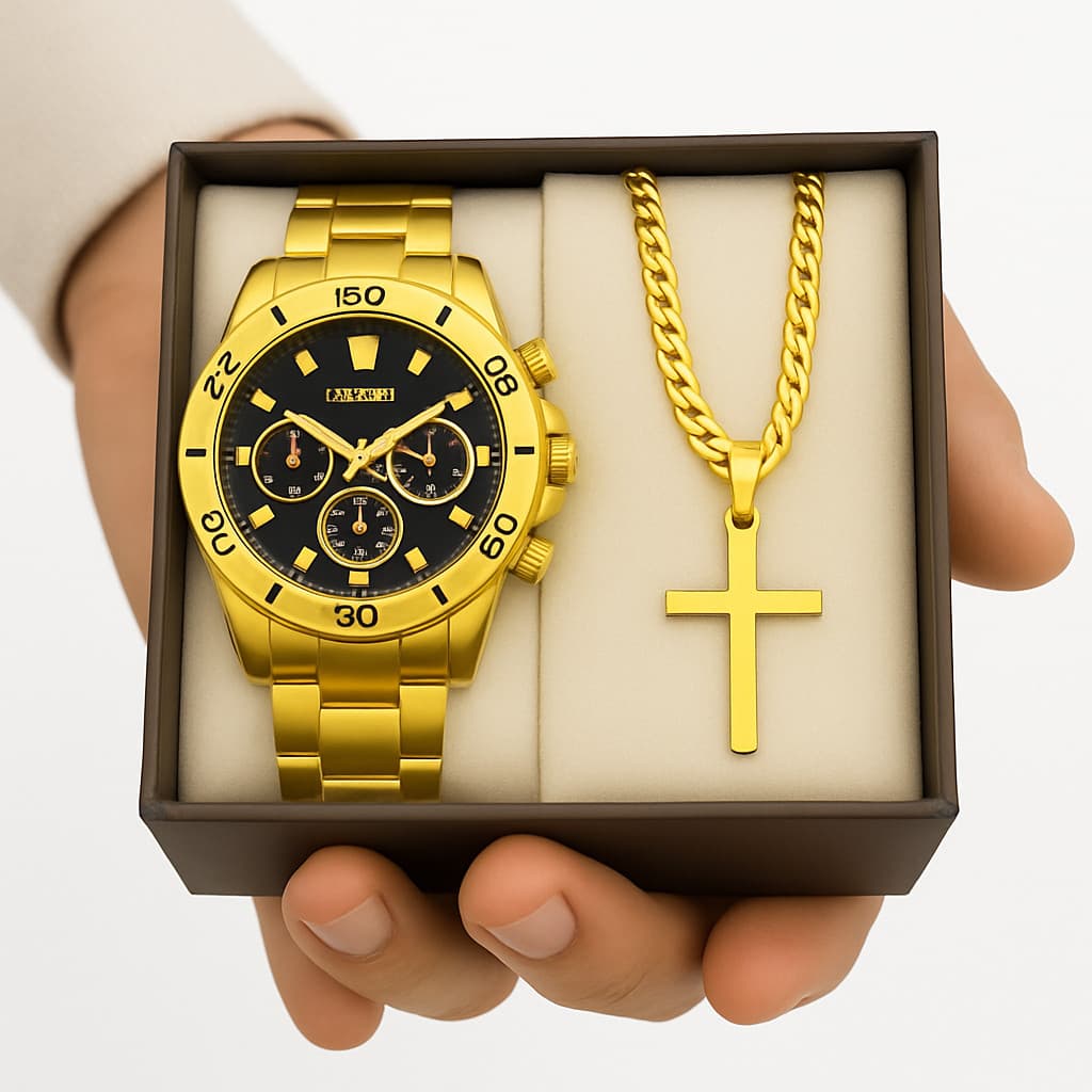 CONJUNTO KIT AÇO INOX RELÓGIO + CORRENTE CRUZ E PULSEIRA MASCULINO PRATA