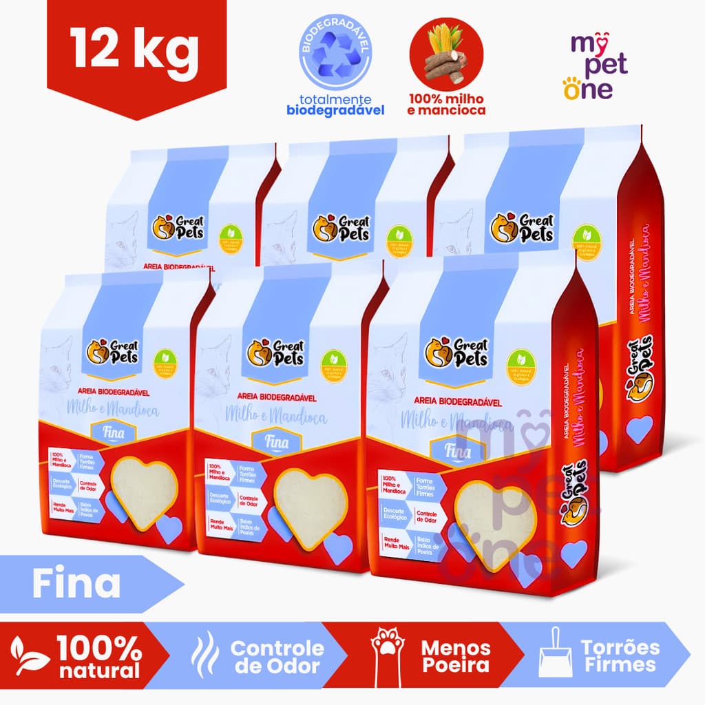 Kit 6 Areia Biodegradável Fina Great Pets - 2 Kg