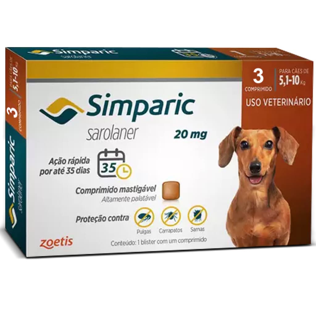 Antipulgas e Carrapatos Simparic 20mg para Cães de 5 a 10kg – 3 Comprimidos – Zoetis