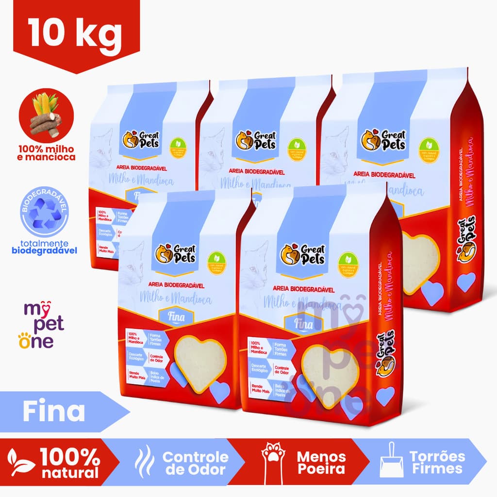 Kit 5 Areia Biodegradável Fina Great Pets - 2 Kg