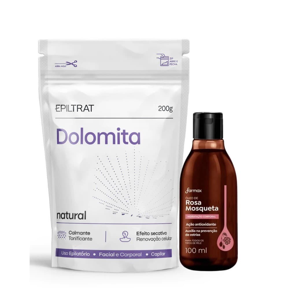 Kit Clareador de Manchas Natural Dolomita 200g Oleo Rosa Mosqueta 100ml Farmax Axila Virilha Rosto