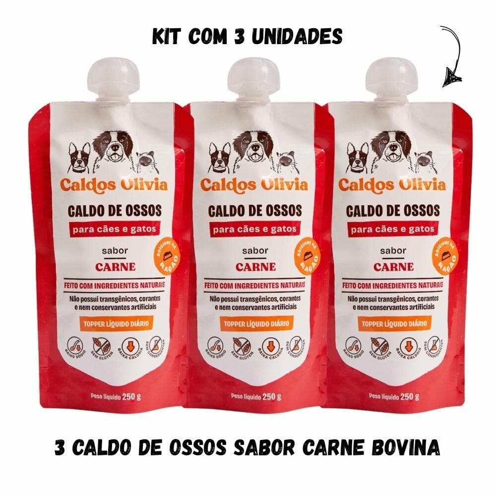 Kit 3 Unidades Caldo de Ossos Bovino para Cães e Gatos 250gr - Caldos Olivia