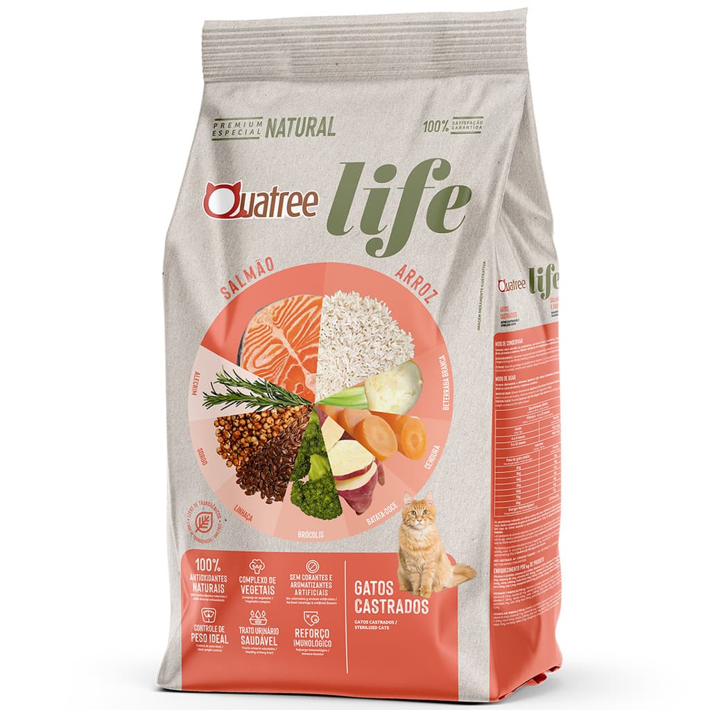Ração Quatree Life Salmão e Arroz para Gatos Castrados - 10kg