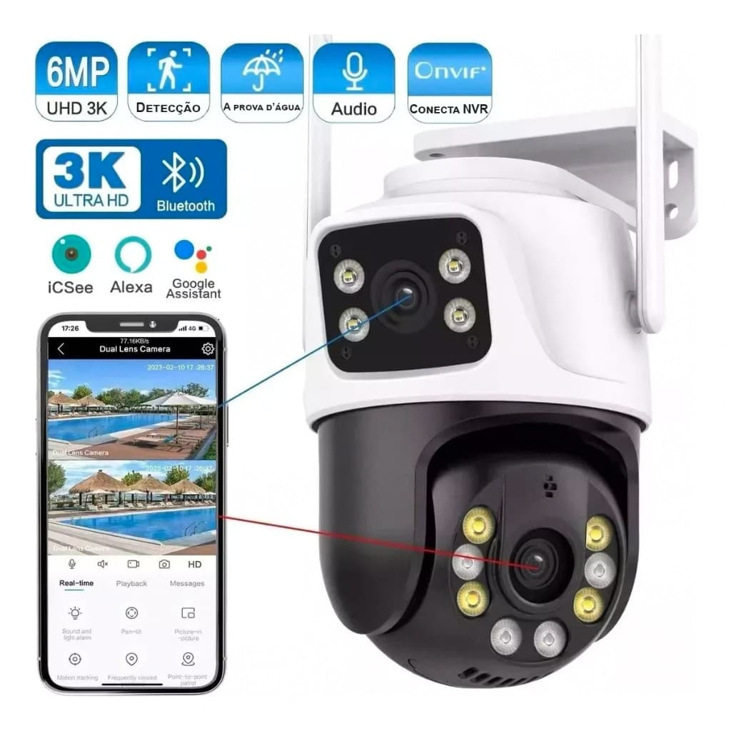 Câmera De Segurança Lente Dupla ICSEE IP66 Wi-Fi Giratória 360° Sensor Movimento Visão Noturna
