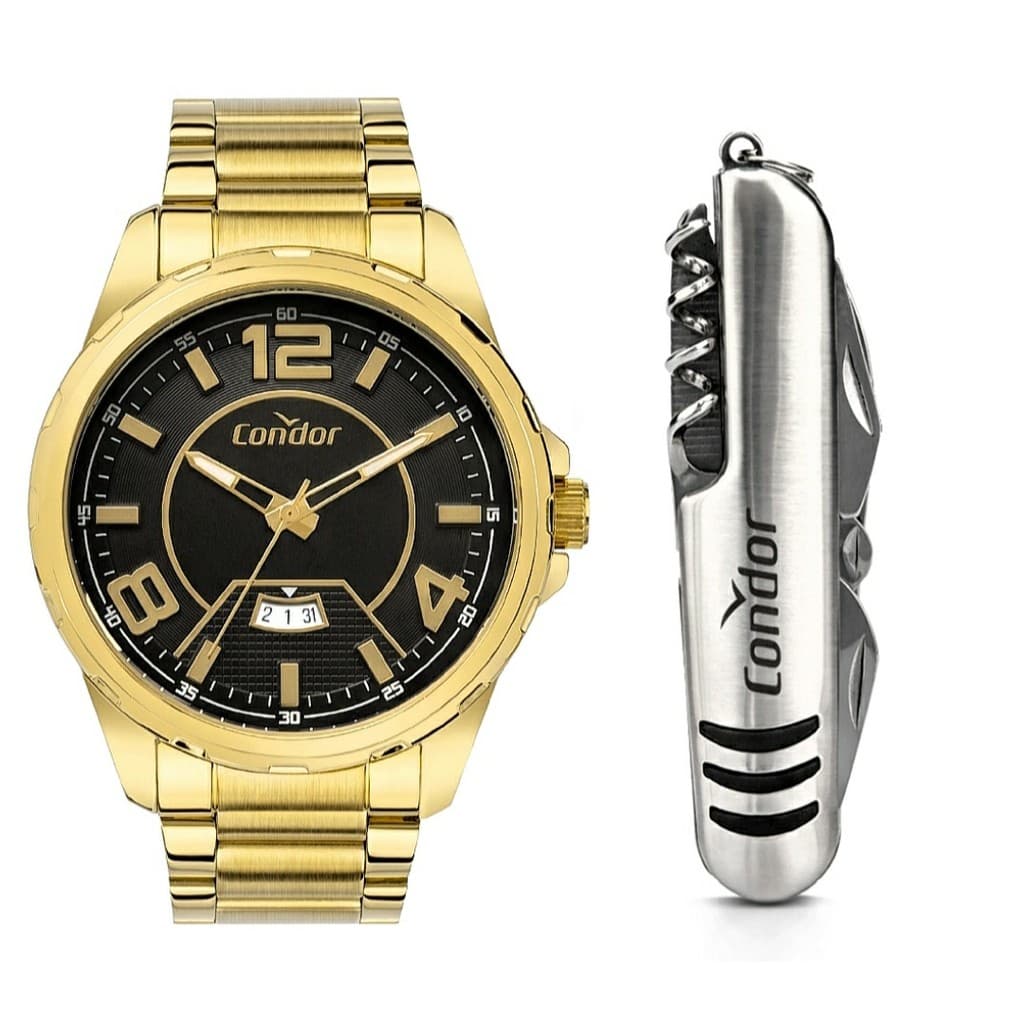 Kit Relógio Masculino Condor Dourado Aço Inox Co2117ar/4p
