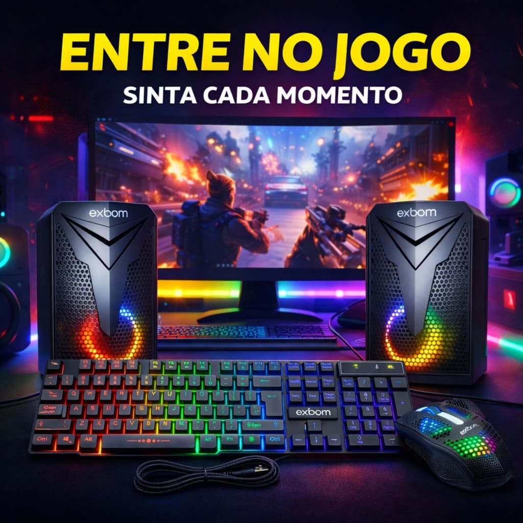 KIT GAMER COMPLETO RGB Teclado Mouse Mousepad Caixa de Som LED USB PC Notebook Exbom