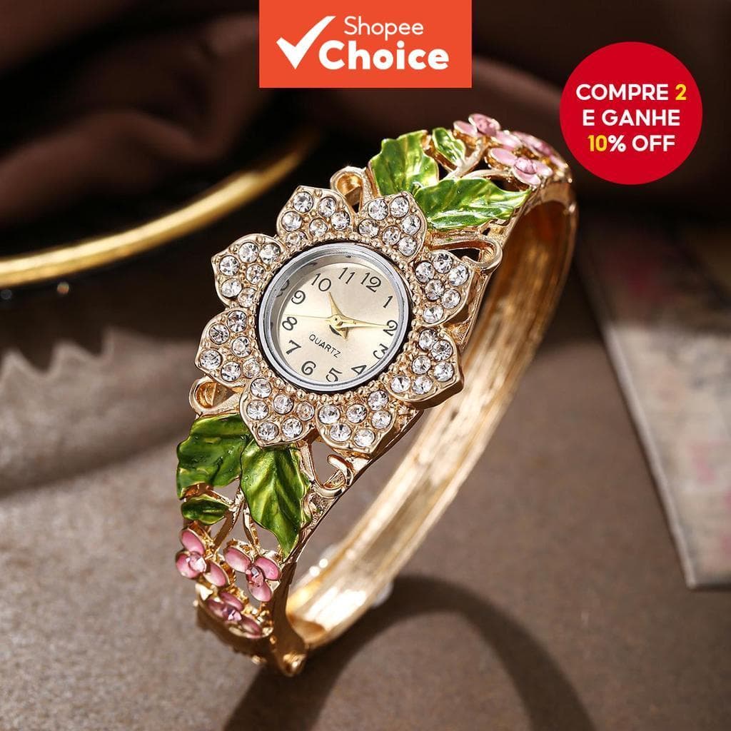 Requintado Flor Strass Incrustado Feminino Pulseira De Quartzo Relógio Com Esmalte Decoração Floral E Ouro Para Ocasiões