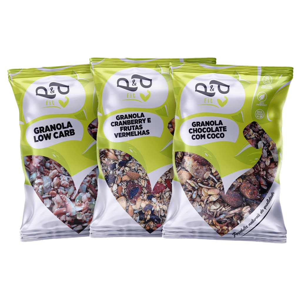 Kit Granola Low Carb + Granola Chocolate com coco + Granola Cramberry e Frutas vermelhas