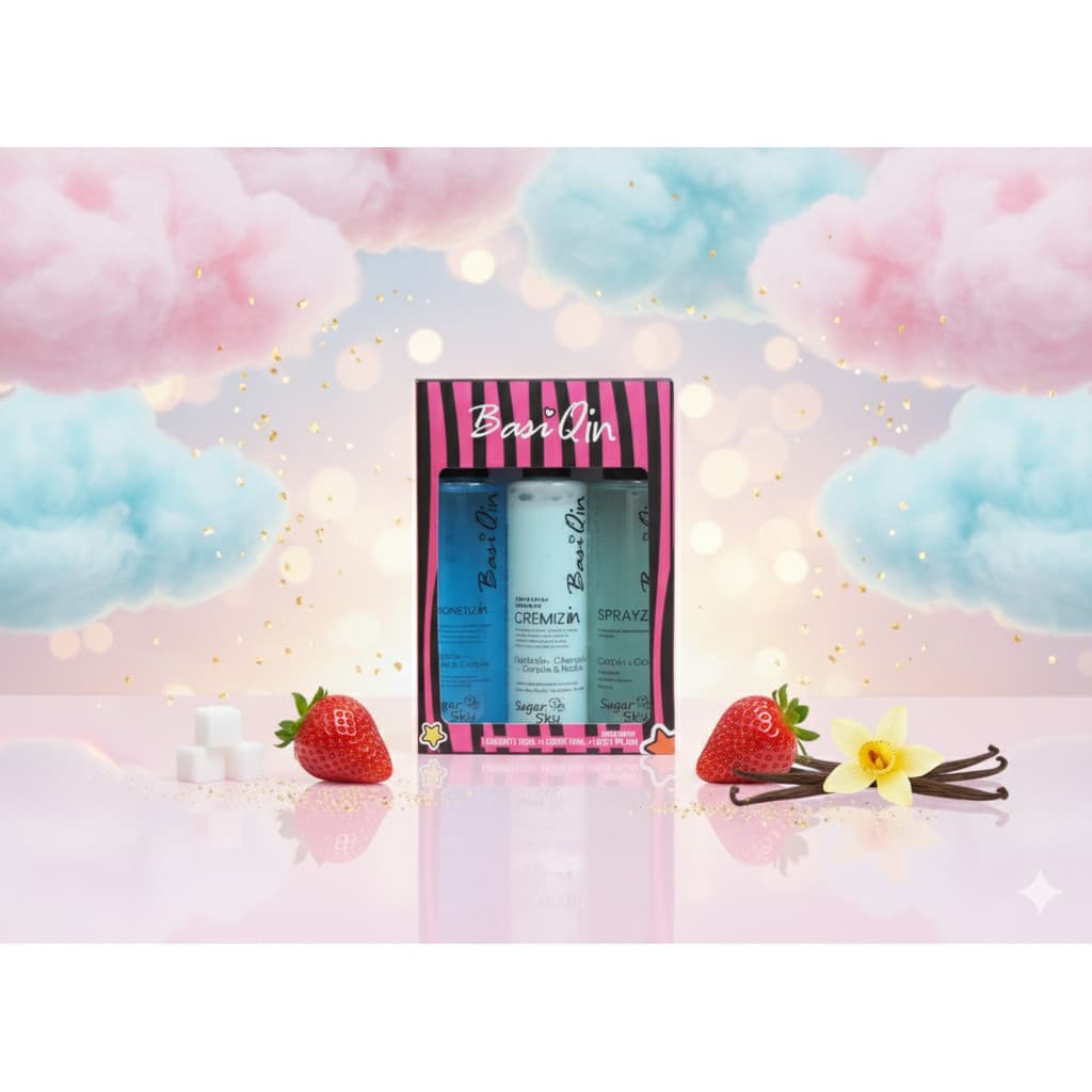 Kit Sugar Sky BasiQin: Body Splash + Creme + Sabonete | Algodão Doce, Baunilha e Morango | Vitamina B5 e Niacinamida | P