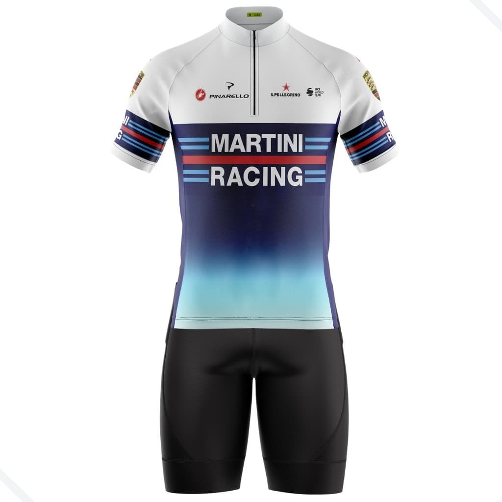 CONJUNTO CICLISMO MASCULINO BERMUDA E CAMISA MARTINI AZUL COM BOLSOS UV 50+