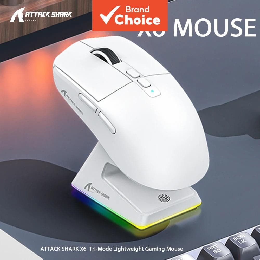 Mouse Gamer Bluetooth Attack Shark X6 com 26000 DPI, Tri-Modo, Com Fio e Sem Fio, Base de Carregamento Magnético RGB,