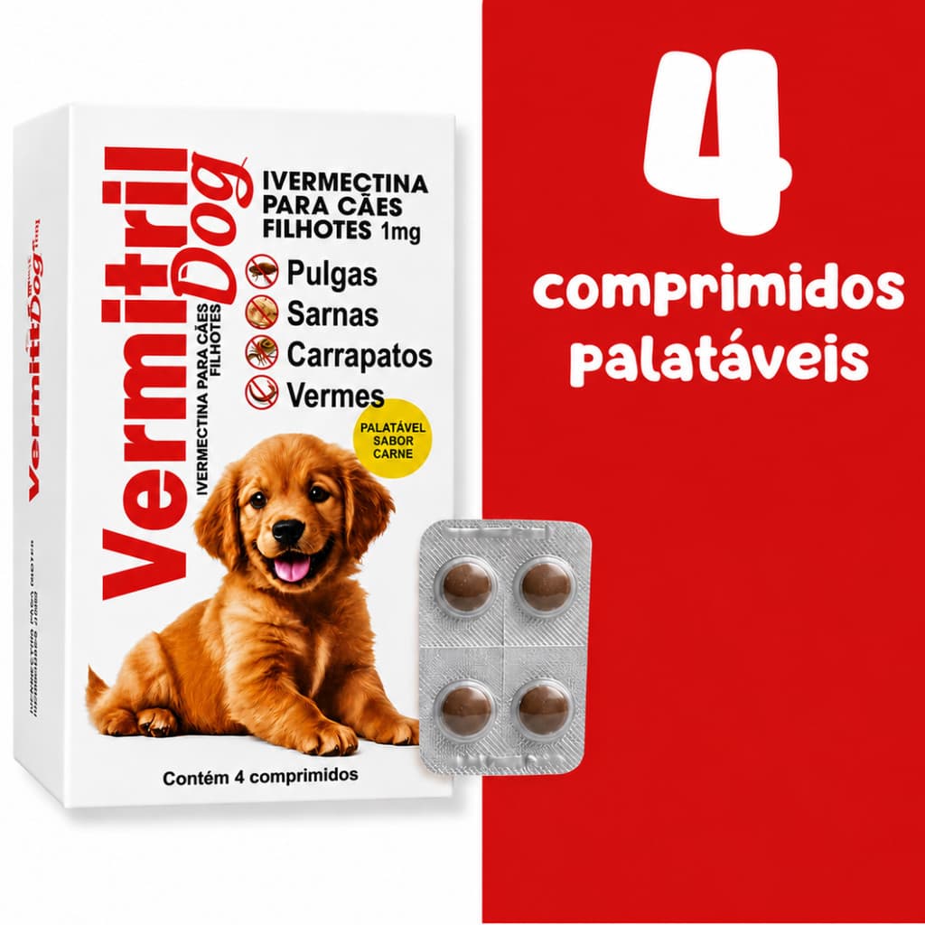 4 comp Antipulgas carrapato sarnas e vermes para cães filhotes Vermitril 1mg