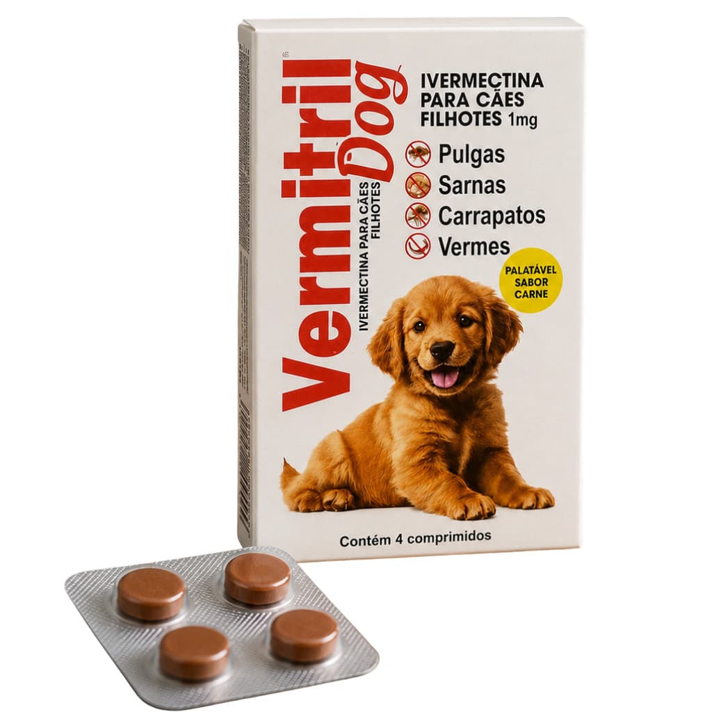 Ivermectina 1mg Vermitril Para Cães filhotes, raças pequenas e Gatos até 5kg - 4 comp Antipulgas Carrapato Verme Sarna