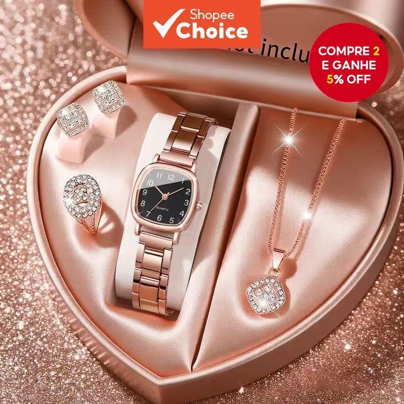 Conjunto De 5 Peças Moda Feminina Strass Simples Quadrado Quartzo Relógio De Pulso Joias Sem Caixa