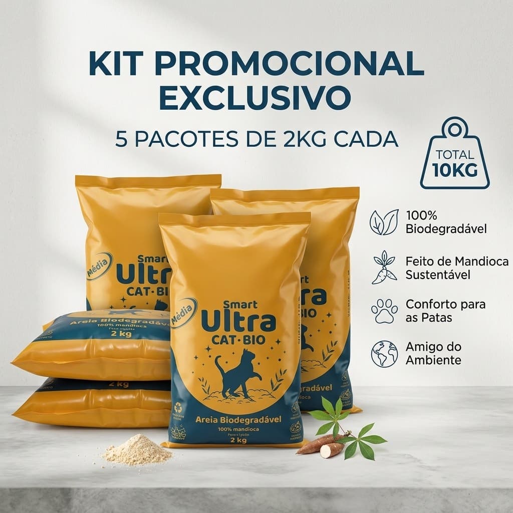 Areia Ecológica para Gatos – Biodegradável, Antiodor, Kit Econômico 5x2kg + Brinde Pelúcia