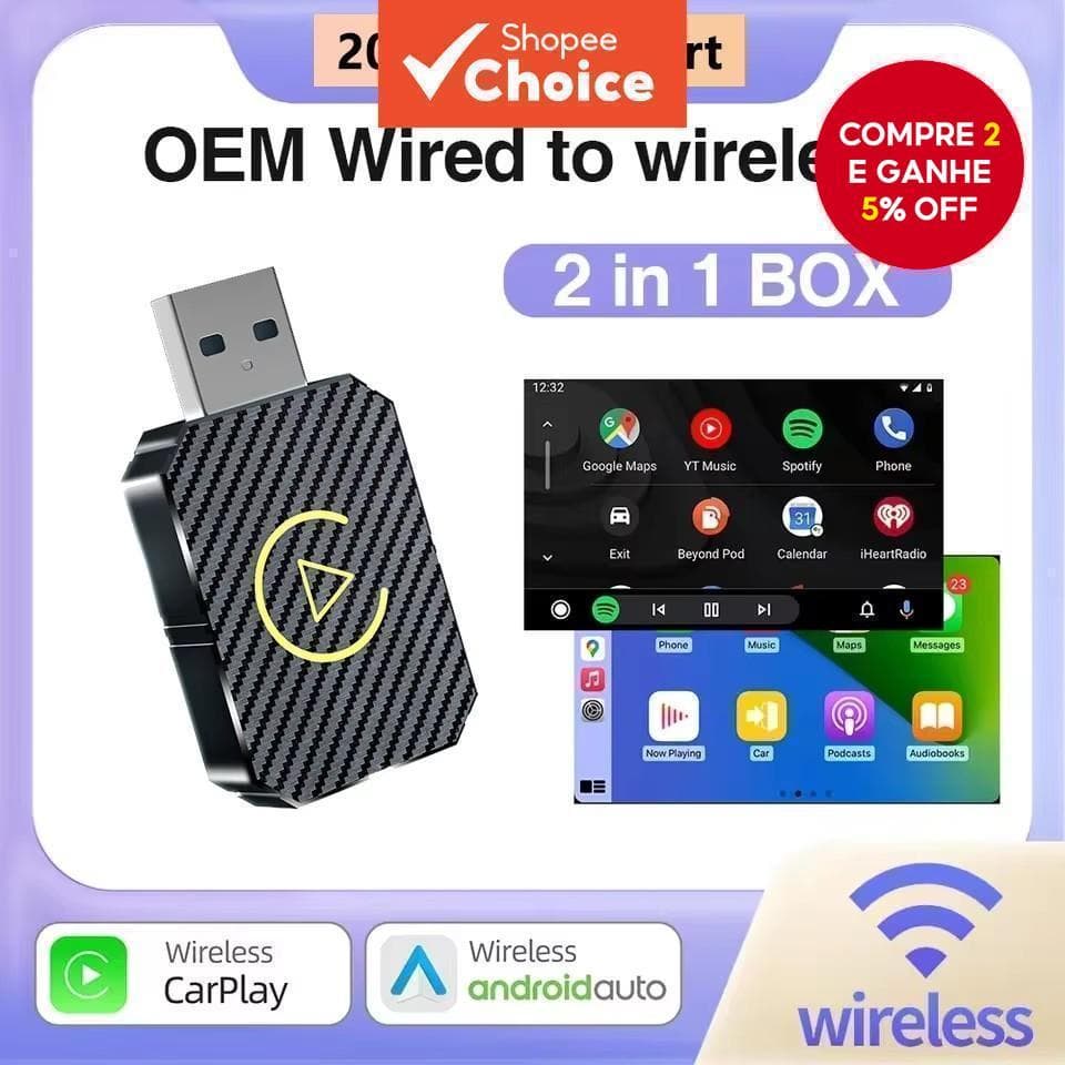 CarPlay Sem Fio E Adaptador Automático Android 2 Em 1 Receptor Plug and Play USB Inteligente