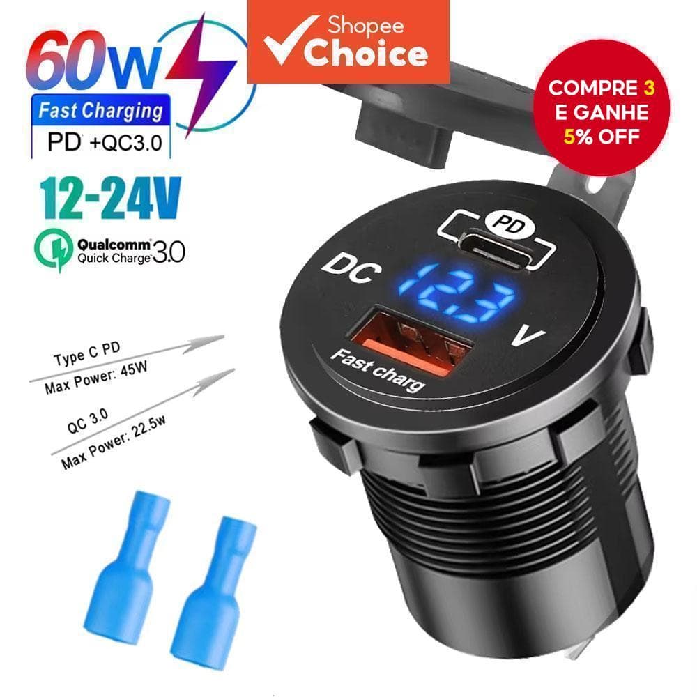 Adaptador à prova d'água com carregador rápido USB duplo QC3.0 para guidão de motocicleta, 60W, com voltímetro LED