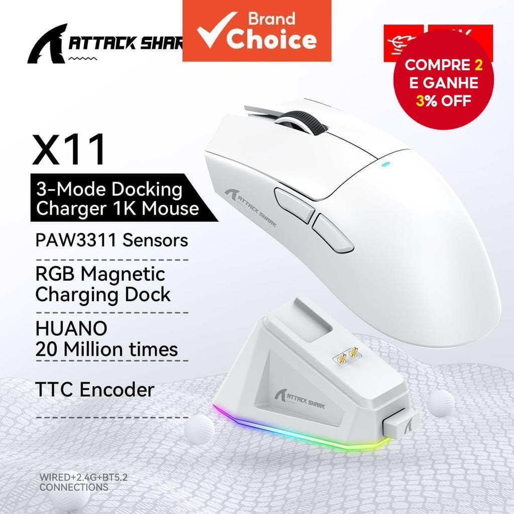 Mouse Gamer Sem Fio ATTACK SHARK X11 com Dock de Carregamento Magnético, Sensor PixArt PAW3311, Tri-Modo