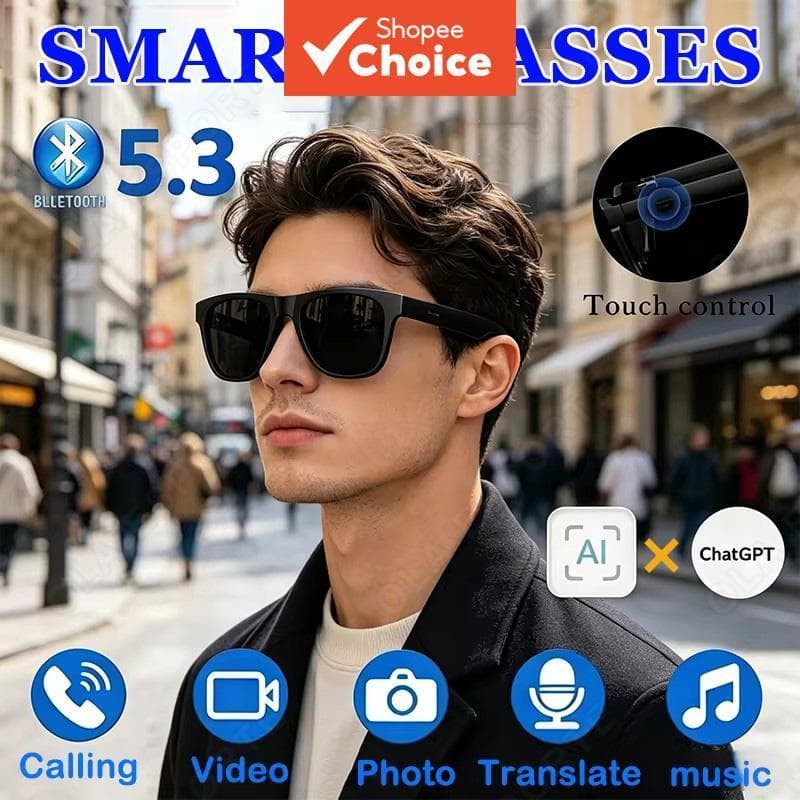 Óculos inteligentes masculinos femininos com Bluetooth, controle de chamadas por voz, óculos de sol polarizados UV,