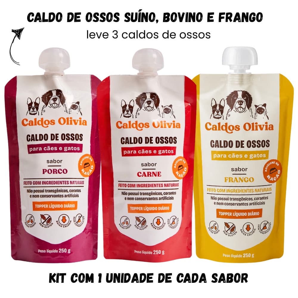 Kit 3 Unidades Caldo de Ossos de Suino, Bovino e Frango para Cães e Gatos 250gr - Caldos Olivia
