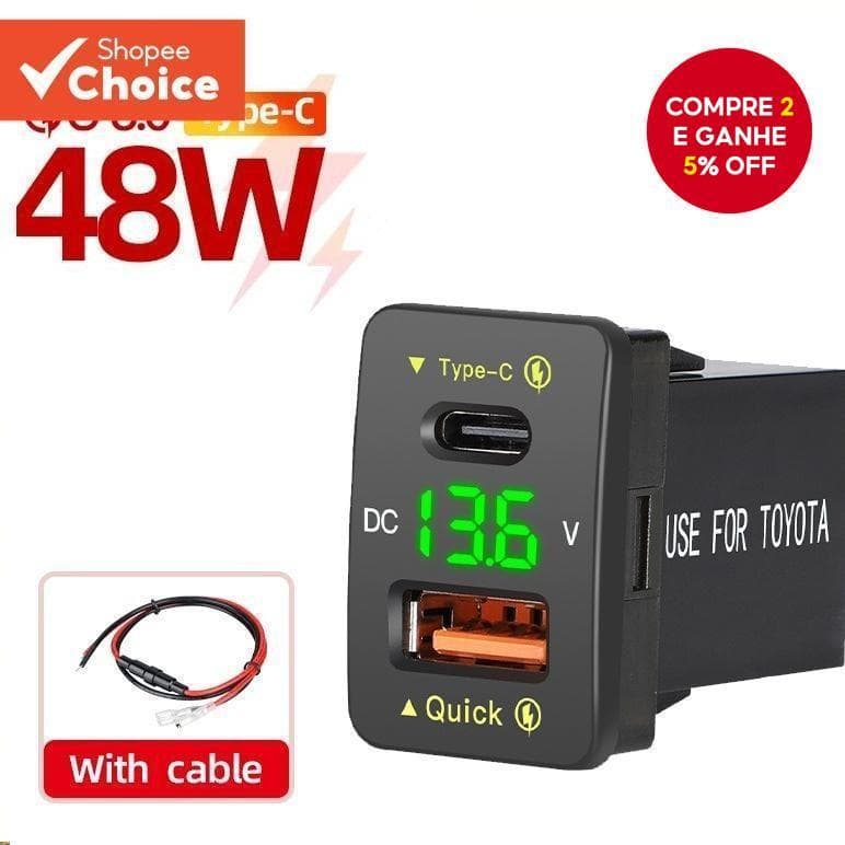 Adaptador De Carregador De Carro QC3.0 48W USB-C , Carregamento Rápido 12V/24V Para Toyota , Telefones