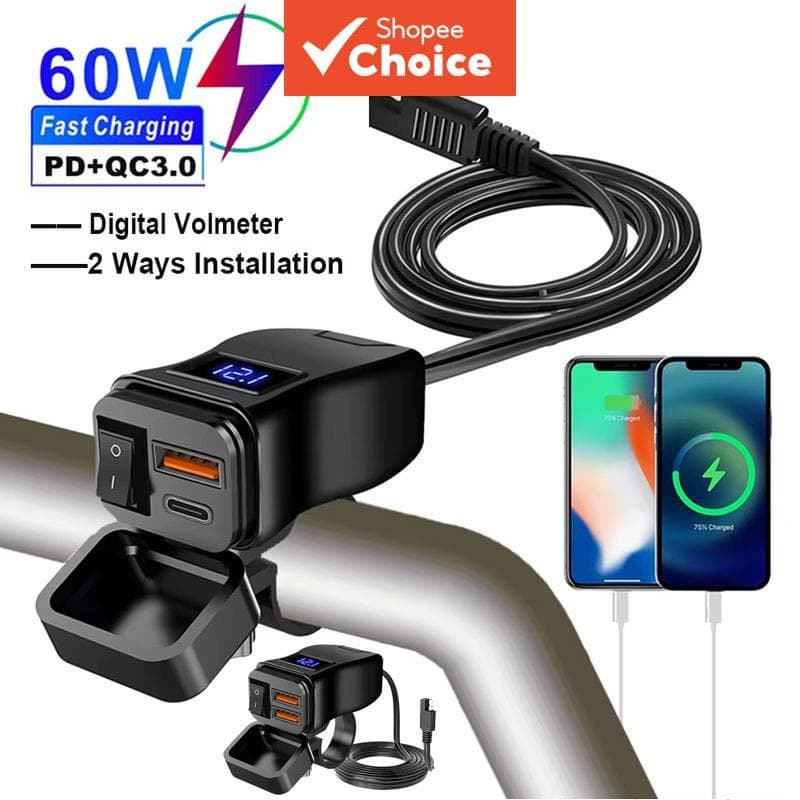 Carregador rápido USB para motocicletas QC3.0 com tomada Tipo-C à prova d'água e voltímetro digital