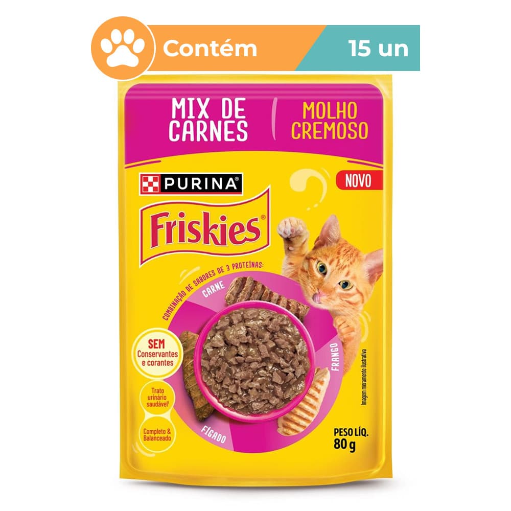 Ração Úmida Friskies Molho Cremoso Mix Carnes Gatos 15x80g