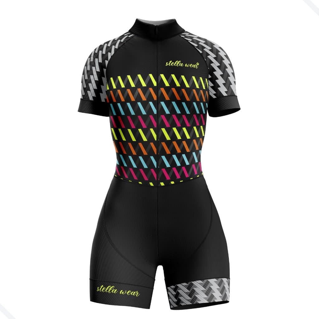 MACAQUINHO CICLISMO STELLA WEAR ZIG ZAG PRETO COM BOLSOS UV+
